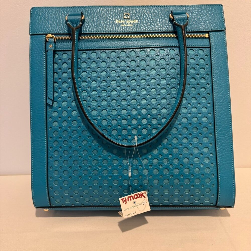 NWT Kate Spade Teal Perforated Leather Tote Bag With Zip Closure & Dual Handles - Picture 4 of 16